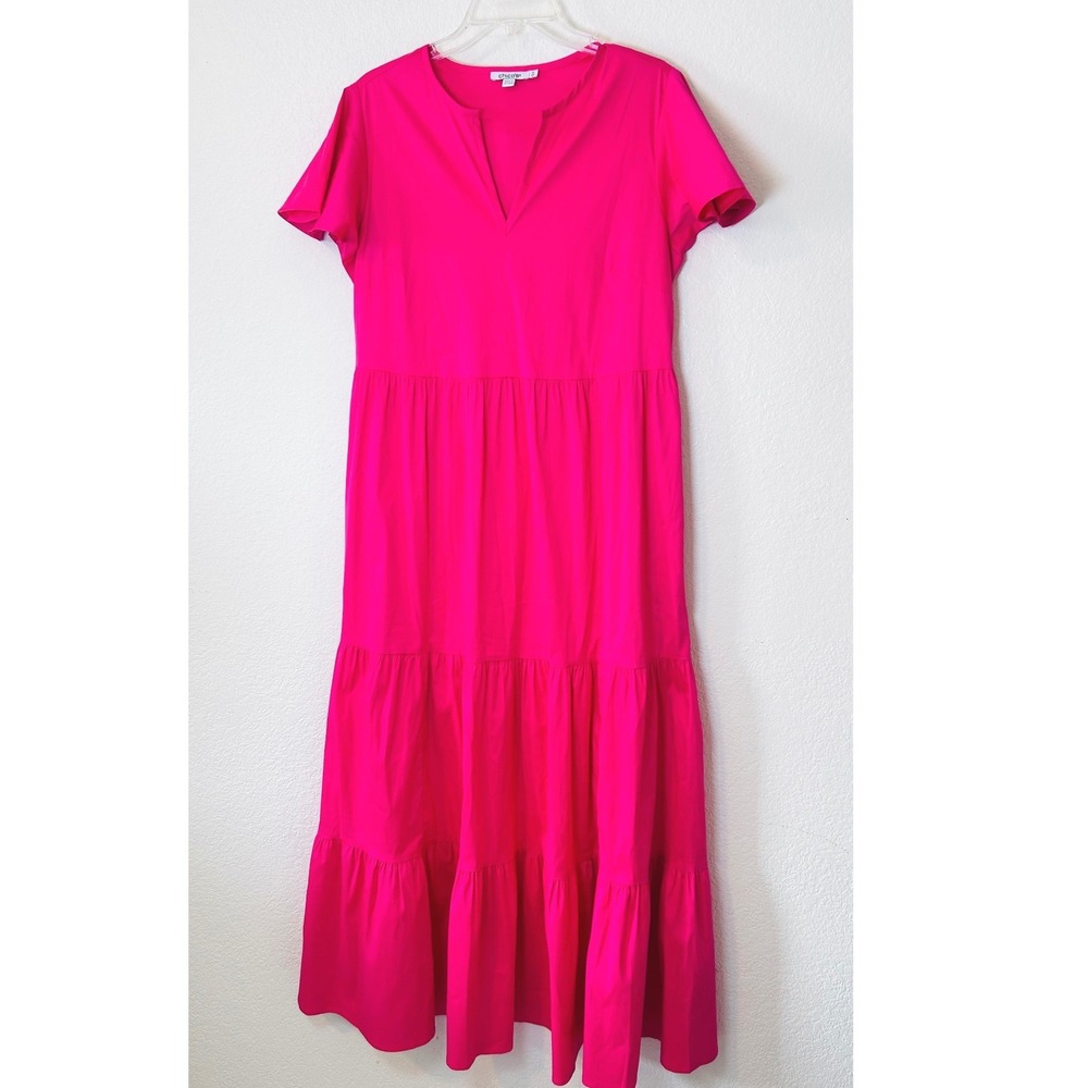 Chico's Hot Pink Tiered Maxi Dress Split V-Neck Cotton Blend Size 0 US 4